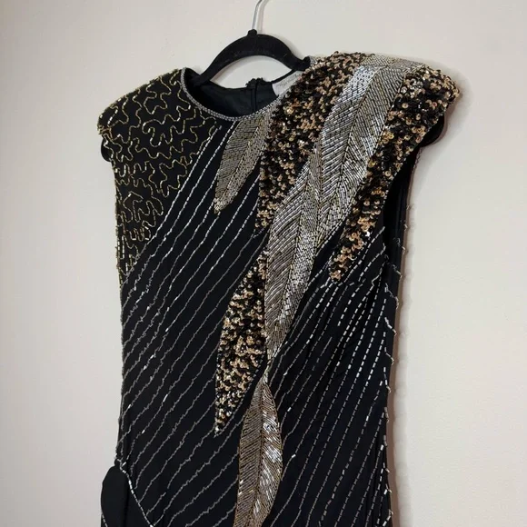 Authentic Vintage 20s Flapper 100% Silk Beaded Gold Black Flower Appliqué Dress
